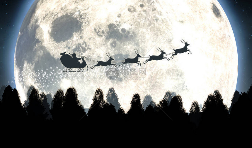 在满月和夜空飞过松树林3D成形时圣诞老人的雪橇环绕着图片