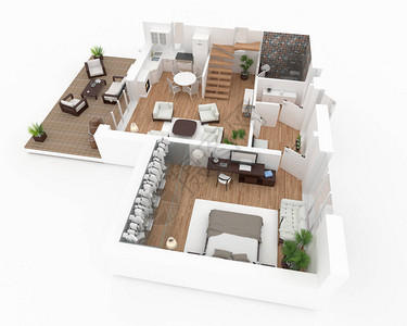 带家具的房子公寓阁楼的3d平面图背景图片