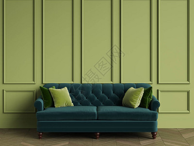 簇绒翠绿色沙发在古典室内与复制空间绿墙与造型地板拼花人字形数字插图背景图片
