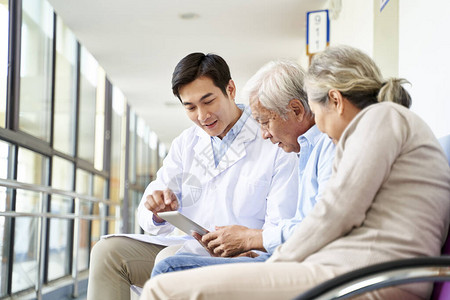 亚洲年轻医生在医院走廊使用数字平板电脑与老年夫妇患者讨论测图片