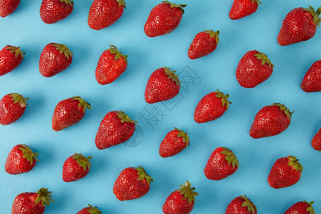 全帧排列的新鲜草莓蓝色隔离图片