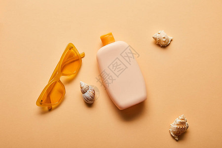 喷散的贝壳和海面底墨镜附近的瓶子中防图片