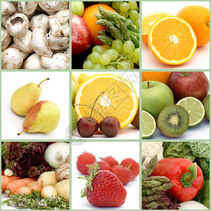 健康水果和蔬菜的拼贴画背景图片