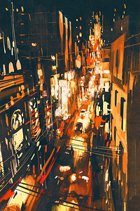 城市街道夜景插画图片