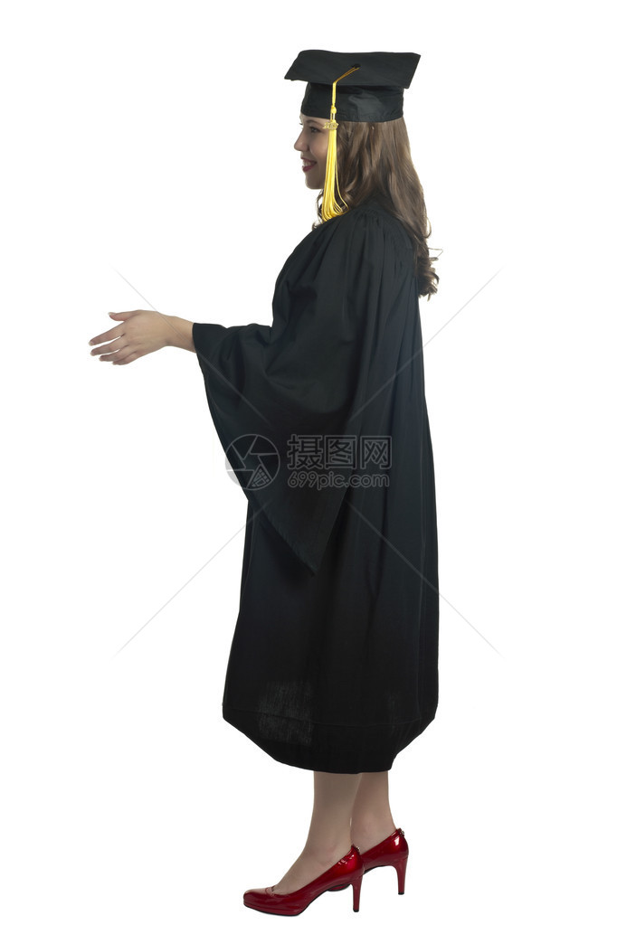 白面上握手动作的女毕业生侧视镜图片