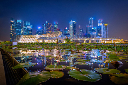 新加坡天际线和黄昏时分滨海湾摩天大楼的景色图片
