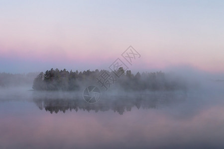 在森林湖边的岛屿上晨图片