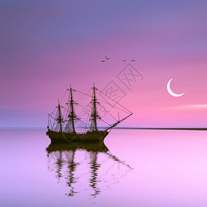 夕阳西下天上新月的老船图片