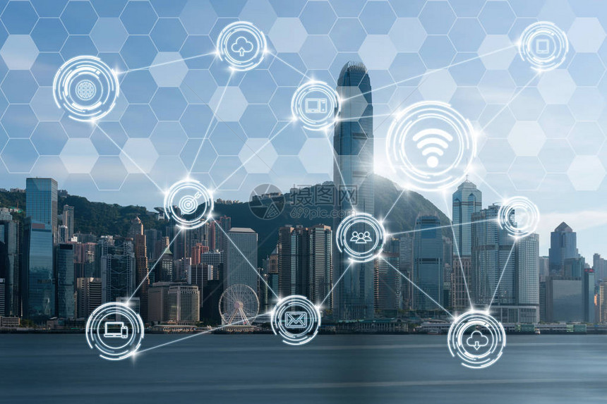 智慧城市物联网技术无线通信连接维多利亚港香城市景观河边场景图片