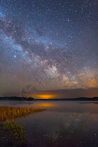 夜晚湖面上的明亮银河背景图片