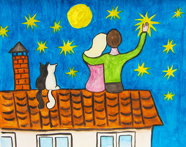 情侣年轻男女和两只猫坐在屋顶上图片