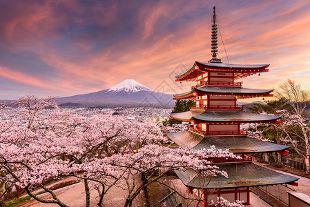日本富士山和忠灵塔的景色高清图片