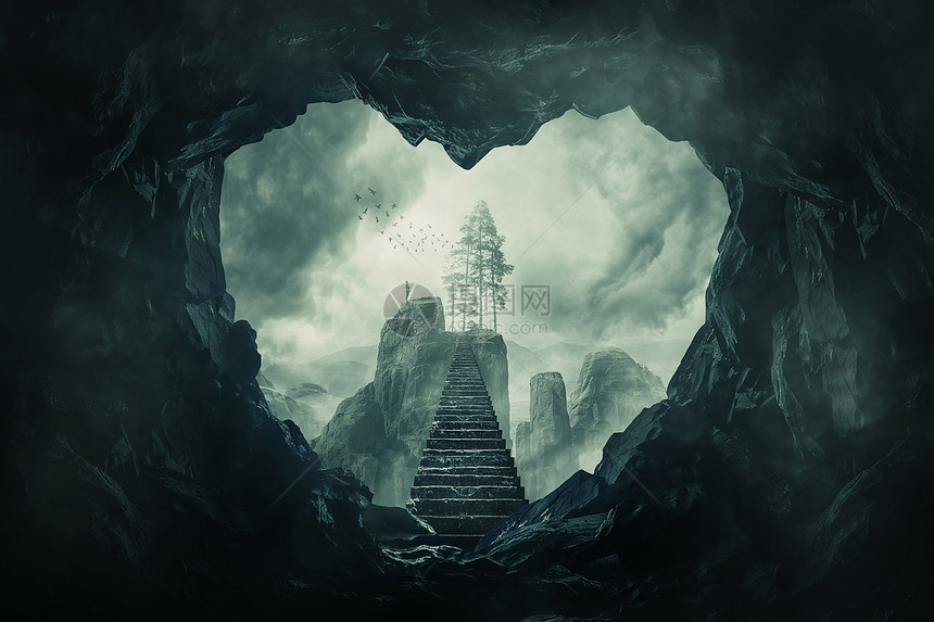 超现实的视图心形黑暗的洞穴出口和神秘的楼梯穿过迷雾笼罩的深渊图片