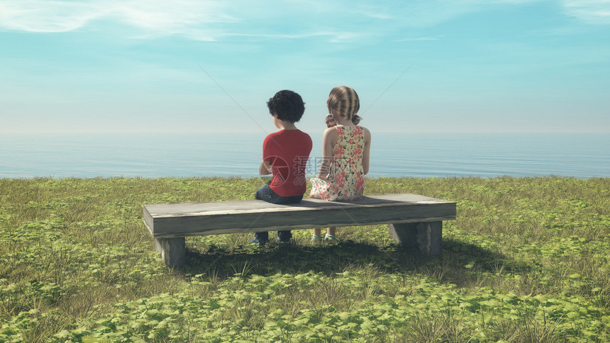 年轻一对坐在长凳上欣赏大海的年轻夫妇图片