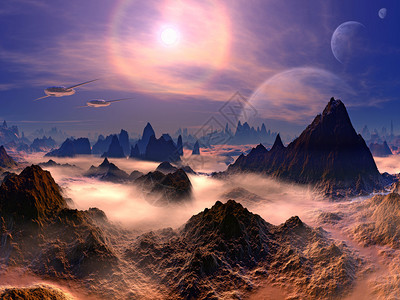 两艘航天器穿越雾的外星景观三颗卫星在后背景图片