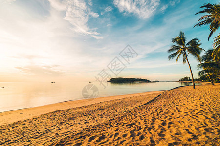 在热带天堂岛海滩和海边日落时图片