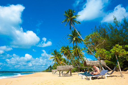 斯里兰卡的热带海滩坐在桌椅上的人读书图片