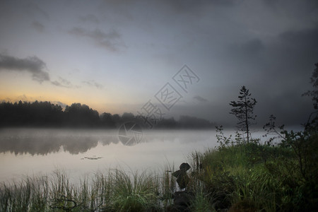 瑞典乡村湖边雾蒙的早晨高清图片