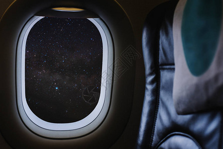 我们的未来是星辰大海字体设计乘飞机旅行透过飞机窗欣赏满是星辰和银背景