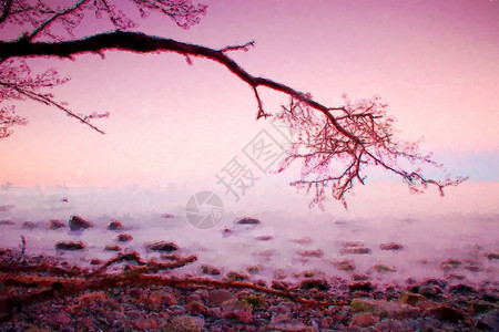 纽约市日出阴霾水彩颜料油漆效果浪漫的早晨弯曲的树高于海平面设计图片