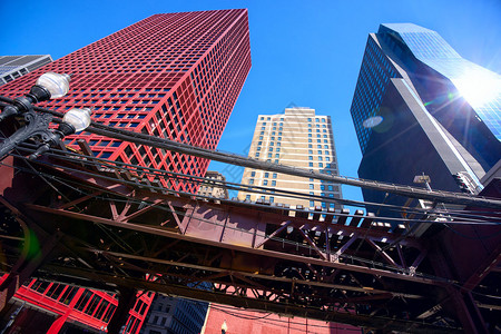 芝加哥市中心城市摩天大楼和高架铁图片