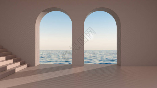 带拱形窗户和楼梯的空旷间室内设计背景图片