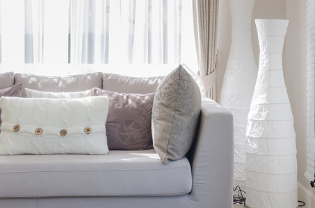 现代风格的客厅家里有沙发和枕头图片