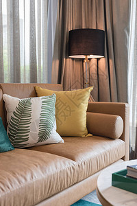 现代客厅风格棕色沙发上套枕头室内图片