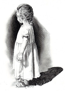 一个穿着连衣裙的小女孩的手绘写实主义绘画图片