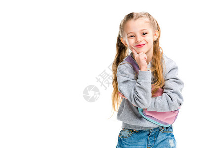 微笑的小孩拿着手指抓着被孤立图片