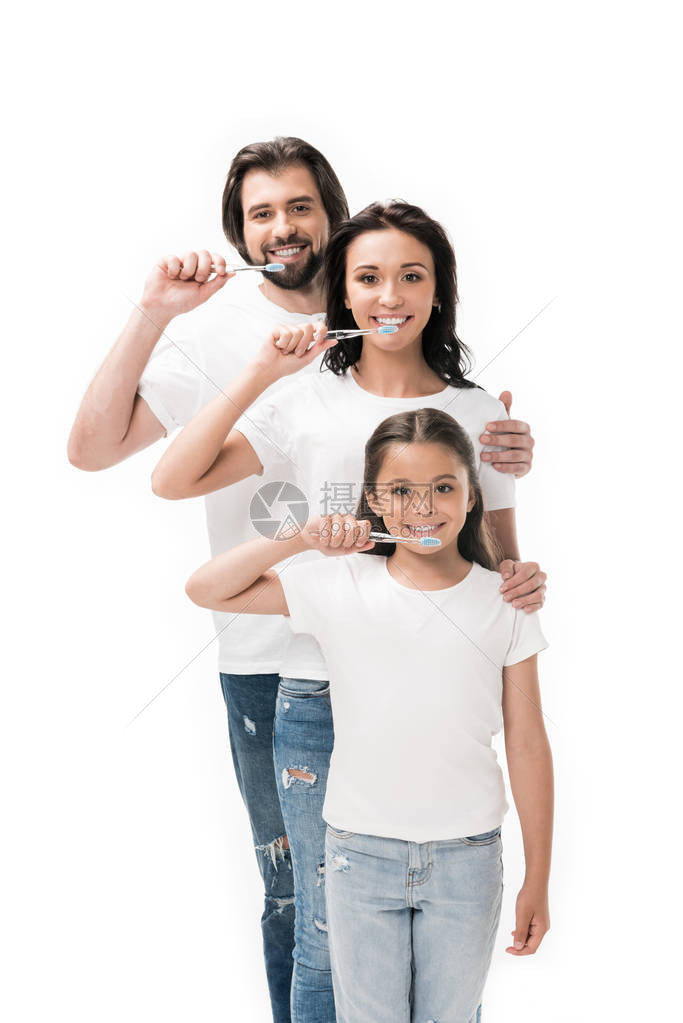 白衬衫的微笑家庭肖像白衬衫上的牙图片