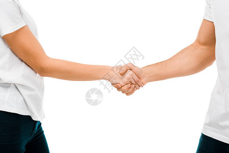 年轻男女握手时被孤立在白色图片