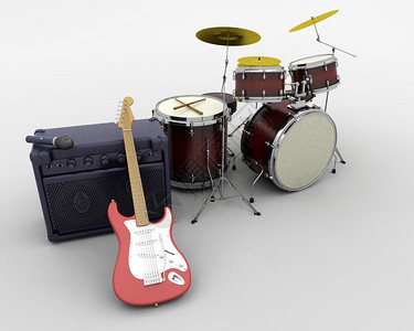 吉他放大器和鼓套件的3d渲染图片