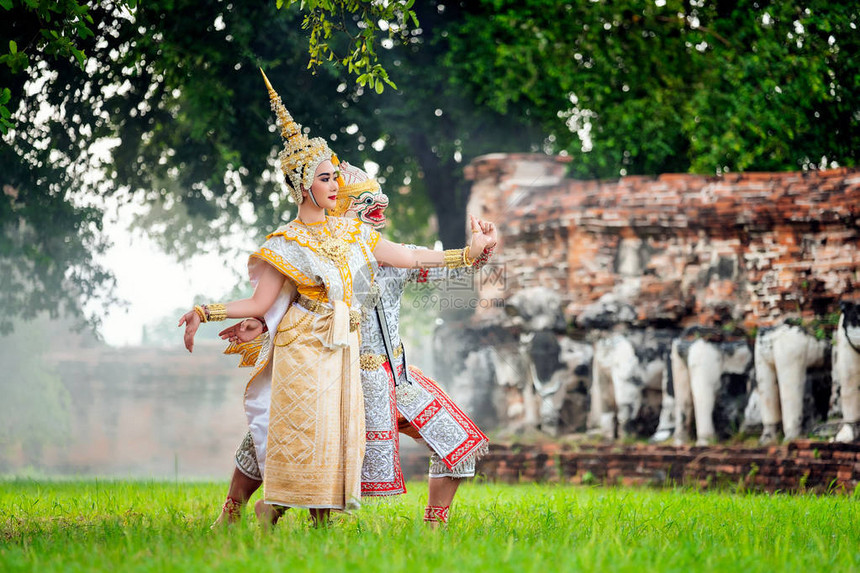 大城府古庙罗摩衍那舞剧的泰国传统舞蹈艺术文化泰国舞蹈孔秀图片
