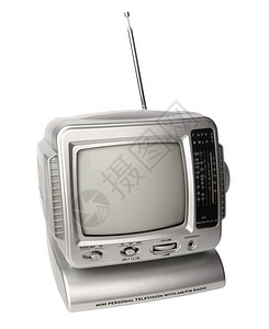 小型模拟电视与调频电台隔绝在白色背景图片