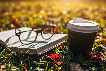 咖啡书和眼镜的黑杯子在秋天公园的图片