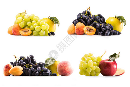 用新鲜的葡萄苹果杏子和桃子拼贴在白色上图片