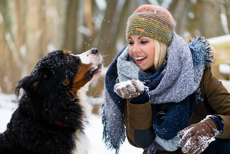 冬日在雪地里和狗玩耍的女人图片