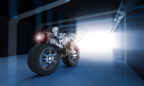 3d渲染机器人以速度骑摩托车图片