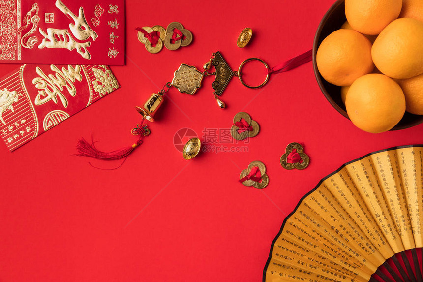 近视风扇印有的贺卡东方装饰品和红色图片