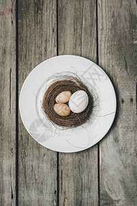 复活节鸟蛋顶端的景色在木制桌上白板上的巢中复活图片