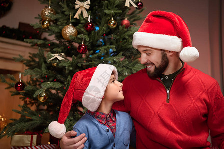 戴着圣诞老人帽子的快乐父亲和儿子在图片