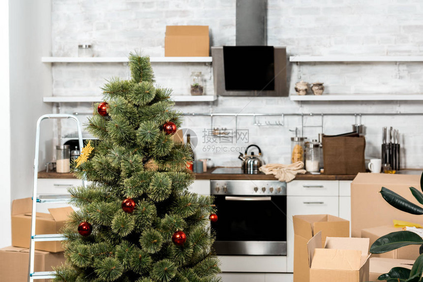 在新家搬迁期间厨房内装有饰的圣诞树和图片