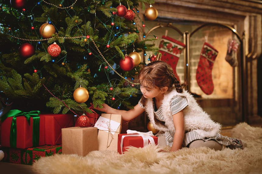 小女孩在圣诞树下面找礼物小图片