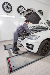 男汽车修理工在修理车间修理汽车发动机的图片