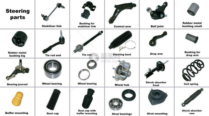 底盘车最受欢迎的备件所有备件都在白色背景图片