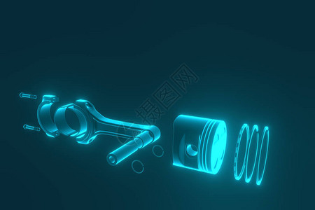 3D渲染带活塞环的发动机活塞蓝色背景上的卡车活塞带有发动机轴承的设计图片