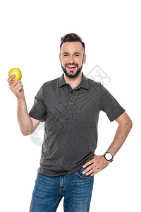 手握新鲜苹果的欢快男子肖像背景图片