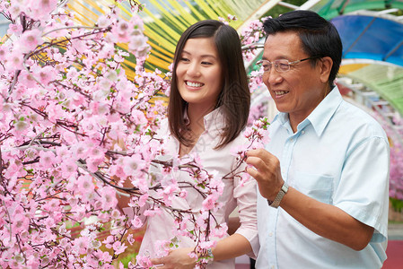 父亲和女儿一起欣赏樱花树图片