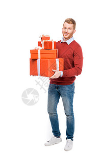 整张长着大胡子的红发头发男子拿着礼物和笑着微笑图片